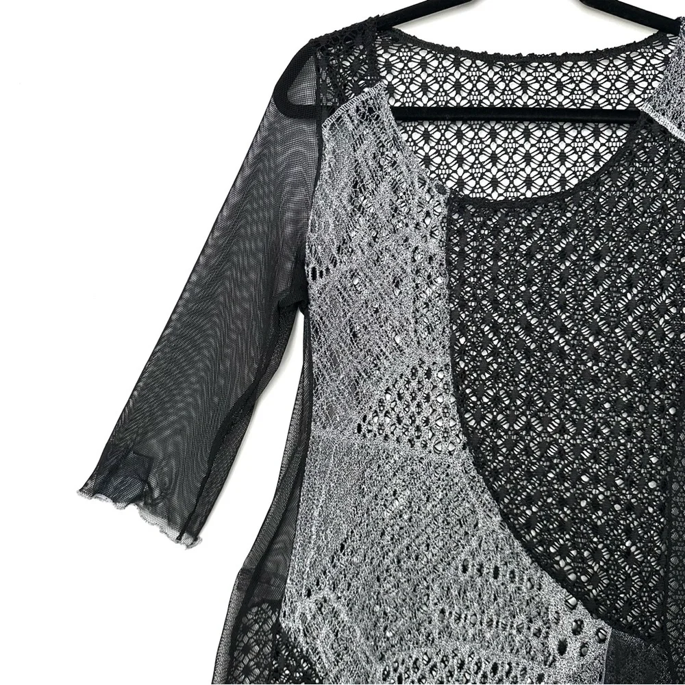Boho Y2K Black Sheer Crochet Patchwork Whimsigoth Asymmetrical Mixed Media Tunic - Picture 3 of 9